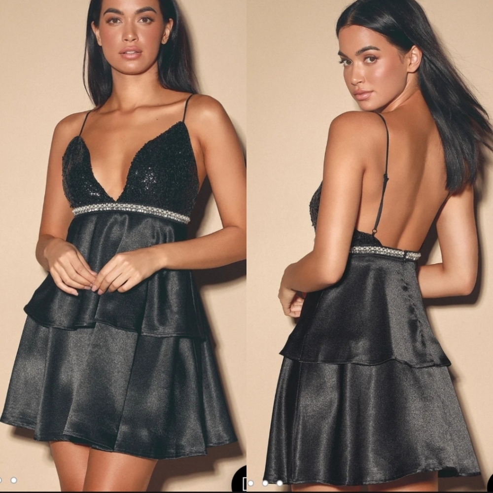 Lulus Black Sequin Satin Mini Dress